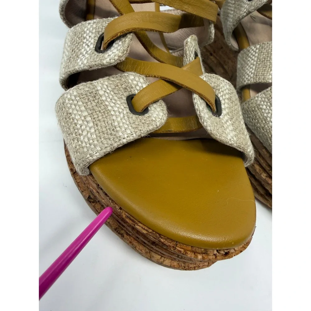 Free People Mustard Yellow Leather Cork Platform Wedge Sandals Made in Spain 6.5